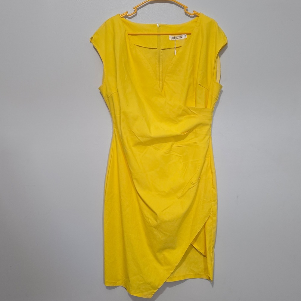 B#78 MUXXN Women's Yellow Cap‎ Sleeve V Neck Ruched Wrap Sheath Dress XXL